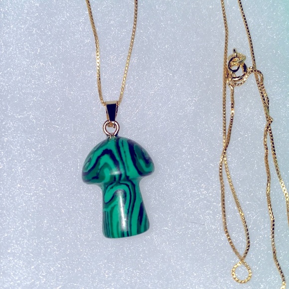 Boho Hippie Psychedelic Mushroom 🍄 Malachite Gold Plated Silver 24” N… - Picture 3 of 6